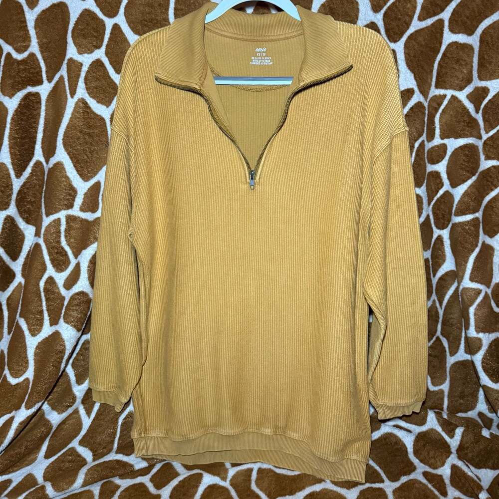 Aerie Womens Oversized XS Mustard Yellow Ribbed Quarter Zip Relaxed Fit Pullover